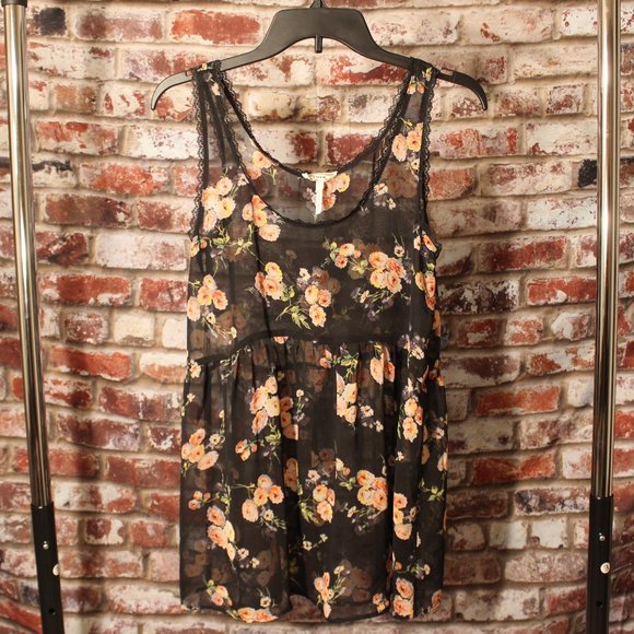 Black Sheer Top with Floral Design and Lace - Picture 1 of 8